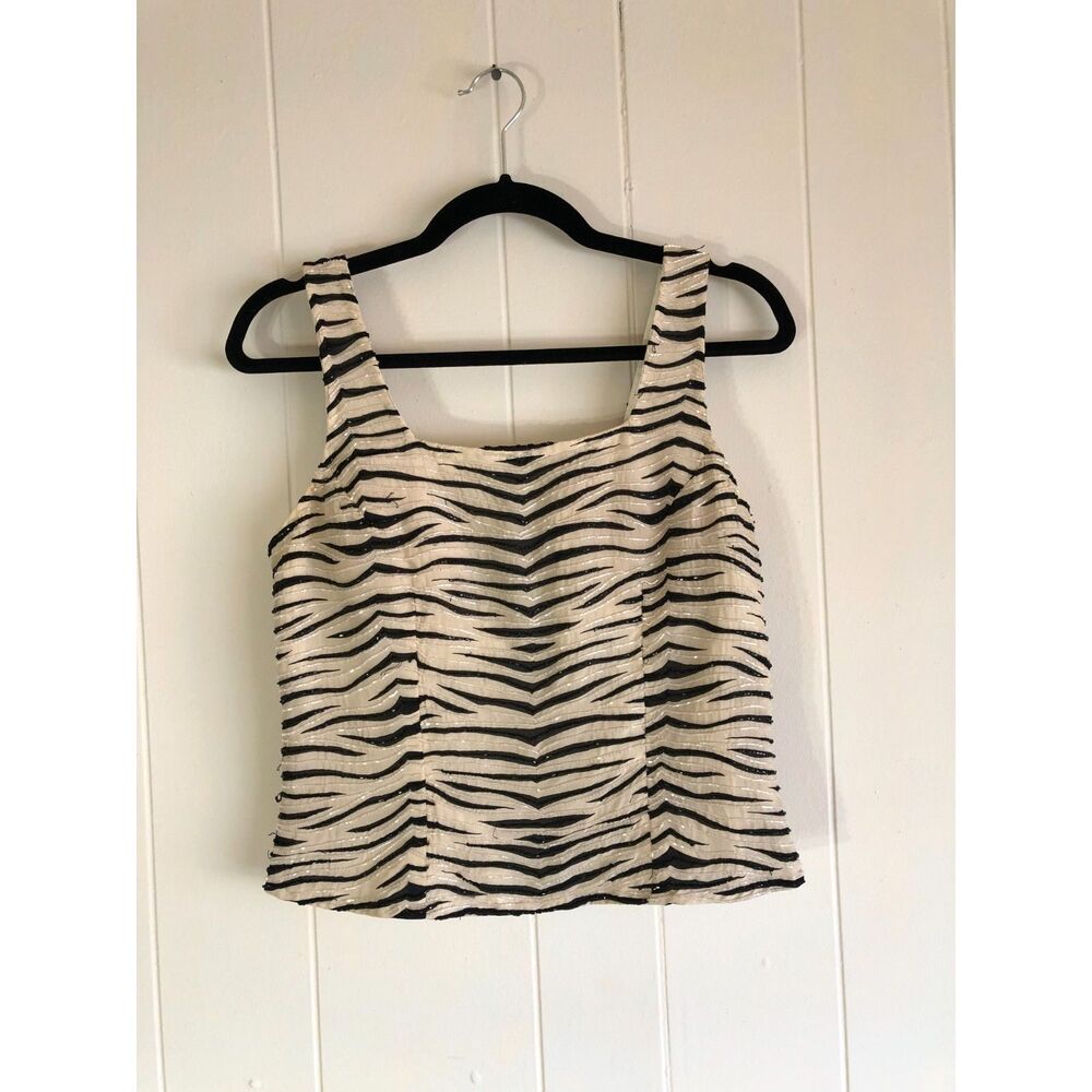 Vintage CACHE 90s Beaded 100% Silk Zebra Top Y2K Animal Print Square Neck Tank M